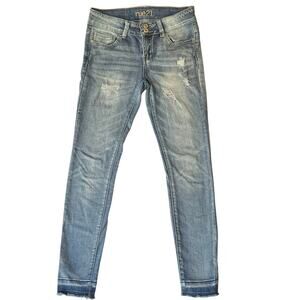 Rue 21 Women Jean Jeggings size 4 Blue Mid Rise Stretch Frayed